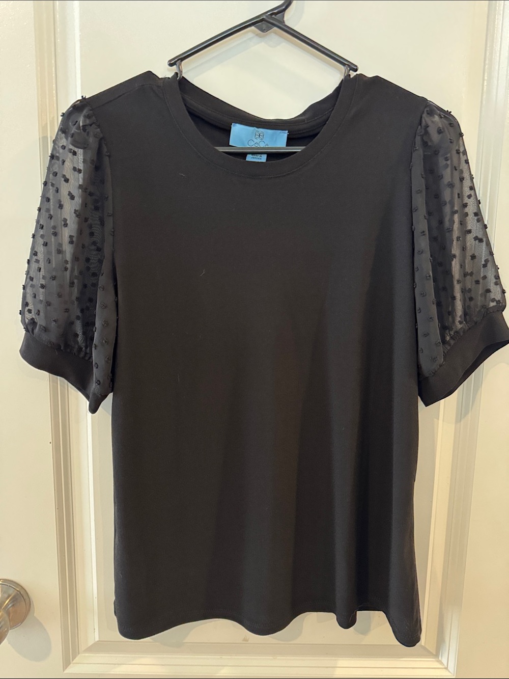 CeCe Black Short-Sleeve Tee with Sheer Dotted Puff Sleeves